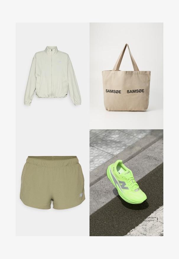 New Balance ATHLETICS OVERSIZED - Chaqueta outdoor - garter snake; Camisa de manga larga color verde claro hecha de tela texturizada, con un escote redondo y un pequeño logotipo en el área del pecho izquierdo.; New Balance SHORT - Pantalón corto de deporte - dark olivine; Zapatilla de running New Balance de un brillante verde neón descansando sobre un pavimento texturizado, cerca de una superficie táctil para caminantes y el borde de la acera.; Bolsa de tela beige con dos logotipos impresos en negro "SAMØE". Presenta correas de hombro beige resistentes y un diseño simple y sin estructuras.
