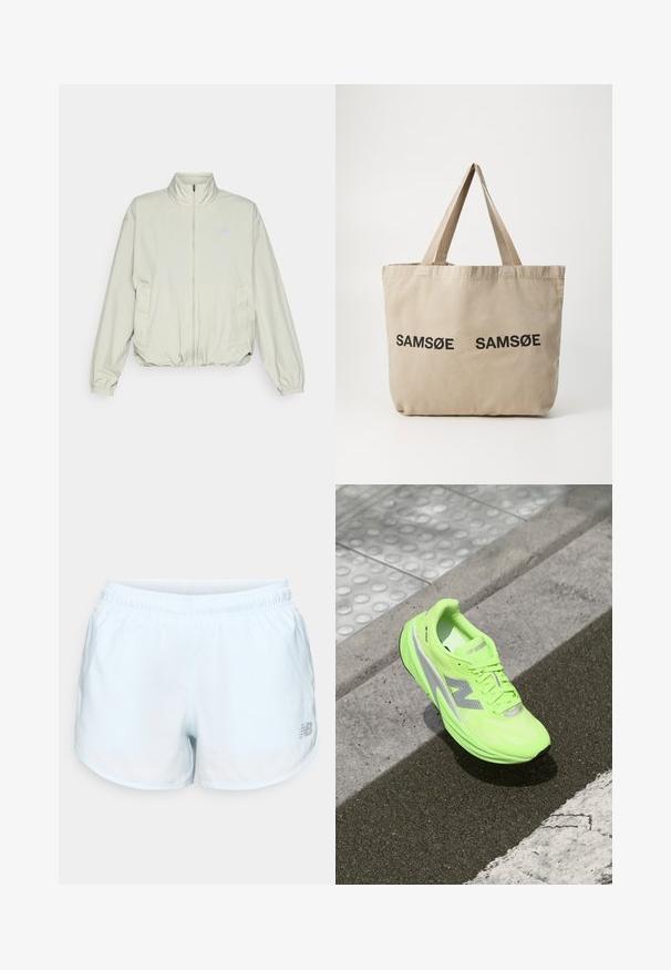 New Balance ATHLETICS OVERSIZED - Outdoorová bunda - garter snake; Dlhý rukáv, svetlozelená košeľa vyrobená z textúrovaného materiálu, s okrúhlym výstrihom a malým logom na ľavej strane hrudníka.; Svetlo modré športové šortky s elastickým pásom, zakriveným lemom, strieborným logom na dolnej pravej strane, vyrobené z ľahkej tkaniny.; Jasne neonovo zelené bežecké topánky New Balance odpočívajú na textúrovanom chodníku v blízkosti hmatového chodiaceho povrchu a okraja obrubníka.; Béžová plátenná taška so sťahovacím vrchným dielom a dvoma čiernymi potlačenými logami "SAMØE". Má pevnú béžovú ramennú rukoväť a jednoduchý, neštruktúrovaný dizajn.
