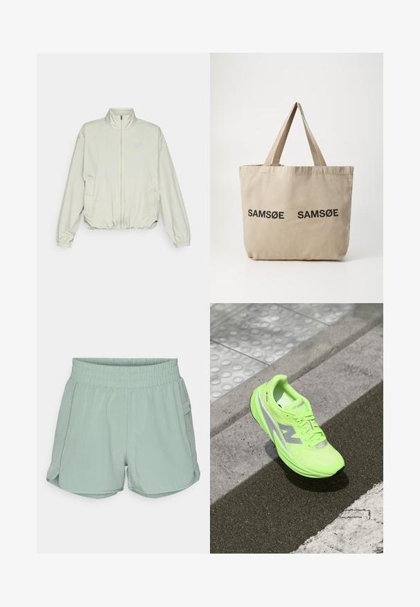 New Balance ATHLETICS OVERSIZED - Ulkoilutakki - garter snake; Vaaleanvihreä pitkähihainen paita, joka on valmistettu teksturoidusta kankaasta. Paidassa on pyöreä kaula-aukko ja pieni logo vasemmassa rinnassa.; Valkoinen vihreät urheilushortsit, joissa on joustava vyötärö, sivurei'ityksellä, sileä kangas, tasku oikealla puolella ja vahvistetut saumat.; Kirkas neonvihreä New Balance -juoksukenkä lepää teksturoidun asfaltin päällä lähellä kosketusliikennesovellusta ja jalkakäytävän reunaa.; Beige kangaskassi, jossa on kaksi mustaa painettua "SAMØE"-logoa. Varustettu tukevilla vaaleanbeigeillä olkahihnoilla ja yksinkertaisella, muotoilultaan vapaamuotoisella designilla.