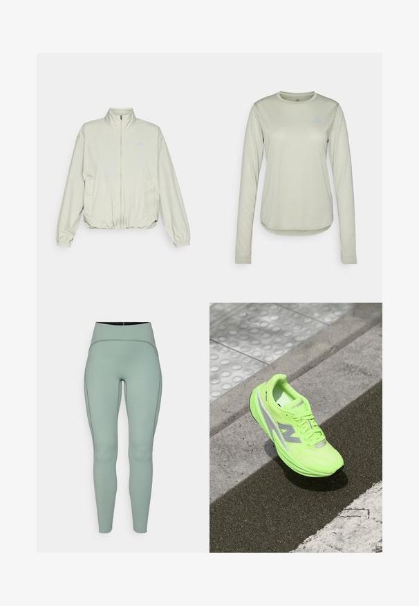 New Balance ATHLETICS OVERSIZED - Lauko striukė - garter snake; Šviesiai žalia ilgomis rankovėmis marškinėliai, pagaminti iš tekstūruoto audinio, su apvalia iškirpte ir mažyčiu logotipu kairėje krūtinės pusėje.; Aukštos juosmens, mėtų žalios spalvos leggingai, pagaminti iš lygaus, tampraus audinio su kontrastingomis siūlėmis. Pasižymi elegantiška, figūrą apglėbiančia siluetu.; Ryškiai neoninė žalia New Balance bėgimo batai gulintys ant tekstūruoto asfalto šalia taktilinės vaikščiojimo paviršiaus ir įvažiavimo krašto.