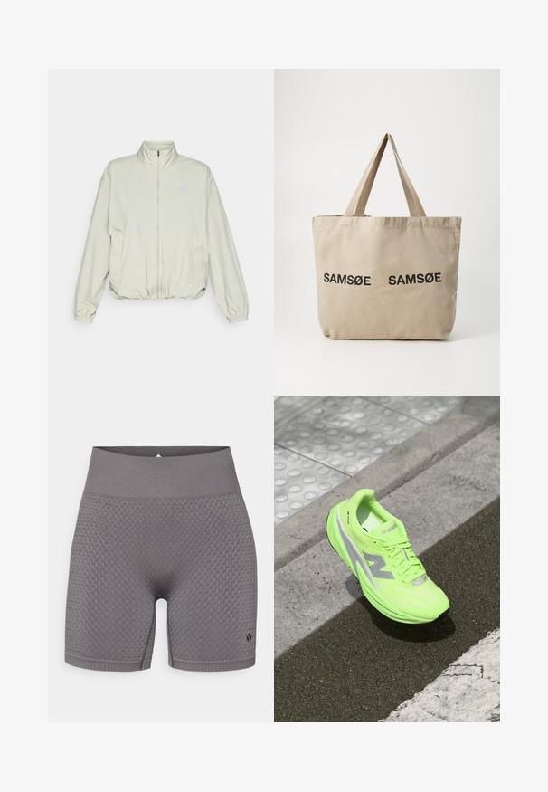 New Balance ATHLETICS OVERSIZED - Outdoorová bunda - garter snake; Dlhý rukáv, svetlozelená košeľa vyrobená z textúrovaného materiálu, s okrúhlym výstrihom a malým logom na ľavej strane hrudníka.; Šedé športové šortky s textúrou, širokým elastickým pásom a diskrétnym logom na dolnej ľavej strane. Tkanina má vzorovaný dizajn.; Jasne neonovo zelené bežecké topánky New Balance odpočívajú na textúrovanom chodníku v blízkosti hmatového chodiaceho povrchu a okraja obrubníka.; Béžová plátenná taška so sťahovacím vrchným dielom a dvoma čiernymi potlačenými logami "SAMØE". Má pevnú béžovú ramennú rukoväť a jednoduchý, neštruktúrovaný dizajn.