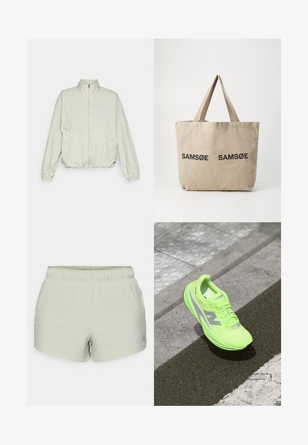 New Balance ATHLETICS OVERSIZED - Õuejope - garter snake; Kerge roheline pikkade varrukatega särk, mis on valmistatud tekstuuriga kangast, millel on ümmargune kaelus ja väike logo vasakul rinnaosal.; Heledad helesinised sportlikud lühikesed püksid, mis on valmistatud hingavast kangast, millel on perforatsiooniga tekstuur ja elastne vöökoht. Logo on trükitud küljele.; Erks rohelise neoonvärvi New Balance'i jooksujalats, mis puhkab tekstuurse asfaldipinna lähedal, mis on lähedal taktiilsetele kõnniteedele ja äärekivi servale.; Beež kangastoot mõlema külje peal kahe musta trükitud "SAMØE" logoga. Omab tugevaid beeže õlarihmasid ja lihtsat, struktureerimata disaini.