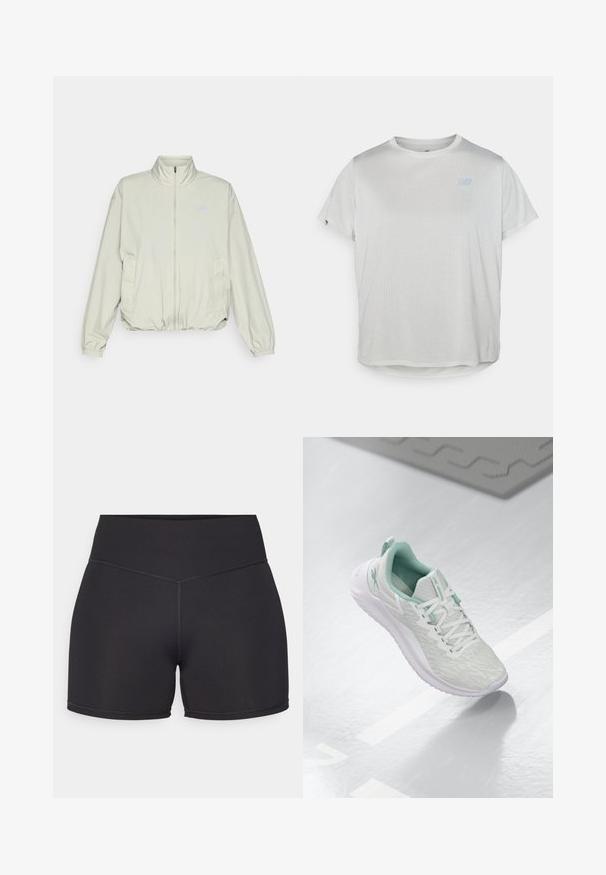 New Balance ATHLETICS OVERSIZED - Giacca outdoor - garter snake; T-shirt atletico grigio chiaro a maniche corte con tessuto a rete testurizzato e un logo blu discreto sul davanti. Orlo arrotondato in fondo.; Pantaloni sportivi neri con una vita alta, realizzati in materiale elasticizzato. Presentano cuciture piatte e una texture liscia per il massimo comfort.; Scarpa sportiva grigio chiaro con tomaia in maglia testurizzata, dettagli verde menta, lacci bianchi, suola in gomma e linguetta sul tallone.