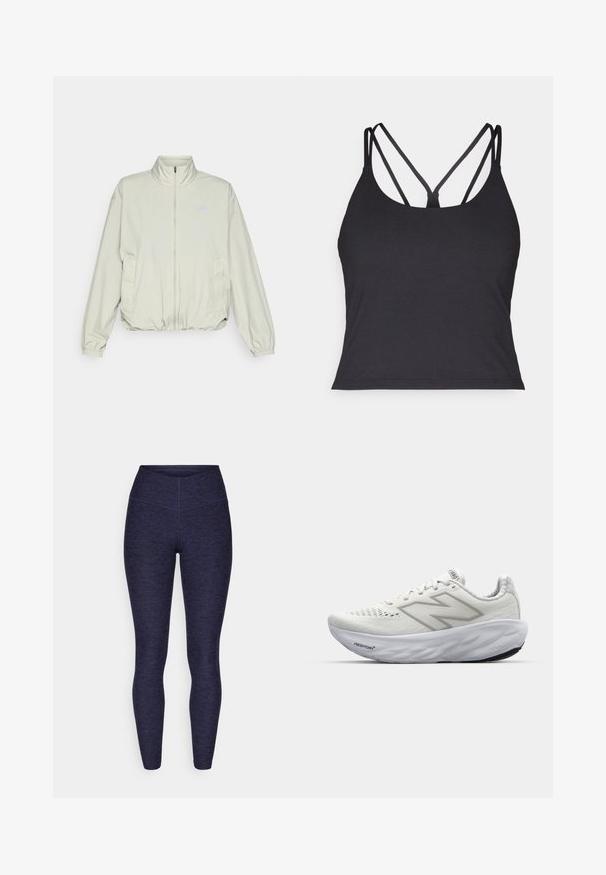 New Balance ATHLETICS OVERSIZED - Outdoorová bunda - garter snake; Čierny top bez rukávov so tenkými ramienkami a krížovým dizajnom na chrbte. Vyrobený z mäkkého, elastického materiálu s priliehavým strihom.; Námornícke modré športové legíny vyrobené z textúrovaného, elastického materiálu s vysokým pásom a hladkými švami pre pohodlie a prispôsobenie.; Biele športové topánky s sieťovaným zvrškom, vybavené polstrovaným golierom, textúrovanou podrážkou a brandingom "Fresh Foam" na medzipodrážke.