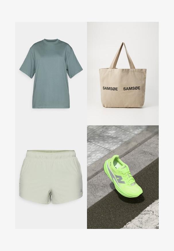 New Balance ATHLETICS OVERSIZED - Outdoorová bunda - garter snake; Světle zelené oversized tričko vyrobené z bavlny, s kulatým výstřihem a krátkými rukávy. Diskrétní logo "BORG" ve sladěném odstínu.; Světle zelené sportovní šortky vyrobené z prodyšného materiálu, s perforovanou texturou a elastickým pasem. Logo tištěné na boku.; Jasně neonově zelená běžecká obuv New Balance leží na strukturovaném chodníku poblíž dotykového chodníku a okraje obrubníku.; Beige plátěná taška s dvěma černými potiskem "SAMØE". Obsahuje pevné béžové ramenní popruhy a jednoduchý, neformovaný design.