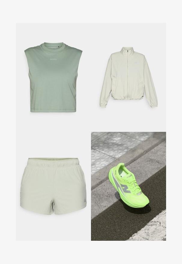 New Balance ATHLETICS OVERSIZED - Outdoorová bunda - garter snake; Světlá zelená bezrukávová crop top vyrobená z měkké látky, s kulatým výstřihem a malým logem "BORG" potisknutým na přední straně.; Světle zelené sportovní šortky vyrobené z prodyšného materiálu, s perforovanou texturou a elastickým pasem. Logo tištěné na boku.; Jasně neonově zelená běžecká obuv New Balance leží na strukturovaném chodníku poblíž dotykového chodníku a okraje obrubníku.