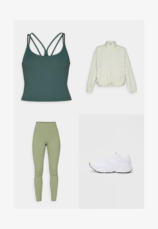 New Balance ATHLETICS OVERSIZED - Jachetă outdoor - garter snake; Fabletics PRINCIPAL BUILT IN BRA TANK - Top - everpine; Leggings cu talie înaltă, de culoare verde măslin. Fabricate dintr-un material elastic cu o textură netedă, cu cusături pe lungimea picioarelor.; Pantofle albe de sport cu partea superioară din plasă, guler căptușit și talpă texturată. Prezintă un logo argintiu pe lateral și un design elegant, modern.