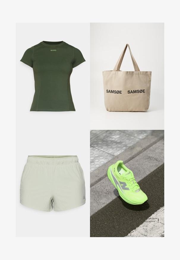 New Balance ATHLETICS OVERSIZED - Outdoorová bunda - garter snake; Olivově zelené přiléhavé tričko vyrobené z hladkého materiálu, s krátkými rukávy a vroubkovaným kulatým výstřihem. Na přední straně se nachází logo "BORG" ve světle zelené barvě.; Světle zelené sportovní šortky vyrobené z prodyšného materiálu, s perforovanou texturou a elastickým pasem. Logo tištěné na boku.; Jasně neonově zelená běžecká obuv New Balance leží na strukturovaném chodníku poblíž dotykového chodníku a okraje obrubníku.; Beige plátěná taška s dvěma černými potiskem "SAMØE". Obsahuje pevné béžové ramenní popruhy a jednoduchý, neformovaný design.