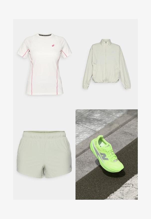 New Balance ATHLETICS OVERSIZED - Lauko striukė - garter snake; Balta trumpa sportinė marškinė su rožinėmis siūlėmis šonuose ir rankovėse, su mažu rožiniu Asics logotipu ant krūtinės.; Šviesiai žali sportiniai šortai pagaminti iš kvėpuojančios medžiagos, turintys perforuotą tekstūrą ir elastingą juosmenį. Logotipas atspausdintas šone.; Ryškiai neoninė žalia New Balance bėgimo batai gulintys ant tekstūruoto asfalto šalia taktilinės vaikščiojimo paviršiaus ir įvažiavimo krašto.