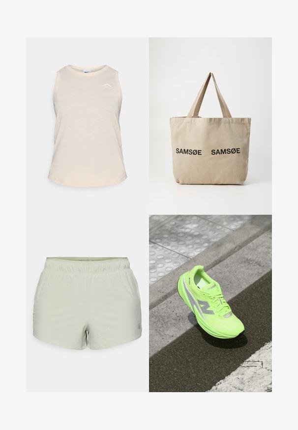 New Balance ATHLETICS OVERSIZED - Õuejope - garter snake; Pehmea beež ilma varrukatop, valmistatud kergest kangast. Omab ümardatud kaelust ja väikest valget logo vasakul ülal. Üksikult tekstuur.; Heledad helesinised sportlikud lühikesed püksid, mis on valmistatud hingavast kangast, millel on perforatsiooniga tekstuur ja elastne vöökoht. Logo on trükitud küljele.; Erks rohelise neoonvärvi New Balance'i jooksujalats, mis puhkab tekstuurse asfaldipinna lähedal, mis on lähedal taktiilsetele kõnniteedele ja äärekivi servale.; Beež kangastoot mõlema külje peal kahe musta trükitud "SAMØE" logoga. Omab tugevaid beeže õlarihmasid ja lihtsat, struktureerimata disaini.