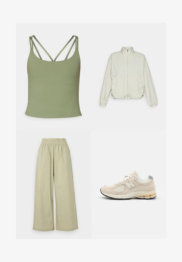 New Balance ATHLETICS OVERSIZED - Szabadtéri dzseki - garter snake; Olajzöld ujjatlan felső, testhez simuló fazonnal, vékony állítható pántokkal és sima, rugalmas textúrával. Minimalista stílus, minta nélkül.; Világos olíva zöld, széles lábú nadrág, rugalmas derékkal, sima anyagból készült. Lazább szabású, látható záródás nélkül.; Világos bézs futócipő, hálós és zamak anyagokkal, párnázott talppal, fűzőkkel és szürke részlettel a saroknál.