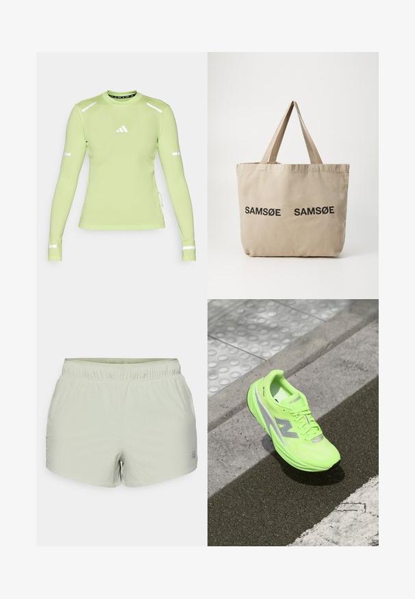 New Balance ATHLETICS OVERSIZED - Outdoorjacke - garter snake; Hellgrünes, langärmliges Sportshirt aus strukturiertem Material, mit reflektierenden Akzenten an den Ärmeln und einem kleinen weißen Logo auf der Brust.; Hellegrüne Sportshorts aus atmungsaktivem Material, mit einer perforierten Textur und elastischem Bund. Logo seitlich aufgedruckt.; Helle neongrüne New Balance-Laufschuhe liegen auf strukturiertem Asphalt neben einer taktilen Gehfläche und der Bordsteinkante.; Beige Canvas-Tote mit zwei schwarzen, aufgedruckten "SAMØE"-Logos. Verfügt über robuste, beige Schulterriemen und ein einfaches, unstrukturiertes Design.