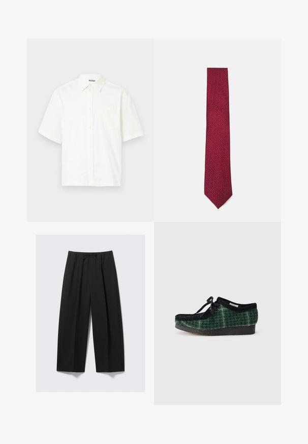 Beige padded jacket with a high collar, elastic cuffs, and two angled front pockets. Features brand logo stitched in matching color.; Navy cardigan made of soft fabric, featuring a v-neck, long sleeves, six button closures, and a small green logo on the chest.; Short-sleeve, button-up shirt in off-white cotton. Features a collar and a left chest pocket with a simple design and soft texture.; Black wide-leg trousers made of lightweight fabric, featuring an elastic waistband with a drawstring and no visible pockets.; Green and black patterned shoes with a suede upper, featuring a rounded toe, laces, and a textured, rubber sole.; Burgundy tie featuring a subtle geometric pattern, made of smooth fabric with a slim design and pointed tip.