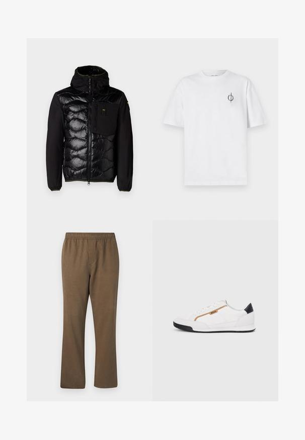 Černá zateplená bunda s prošívaným předním dílem, kapucí a zipovými kapsami. Má hladký látkový materiál a elastické manžety s zelenými akcenty.; Bílý bavlněný tričko s volným střihem, které má malé černé grafické logo na levé straně hrudi. Krátké rukávy, kulatý výstřih.; Samsøe Samsøe JABARI - Kalhoty - canteen; Bílé sportovní boty s akcenty z meshe a kůže. Mají zlaté logo "BOSS", texturované boční panely a černý podpatek. Gumová podrážka.