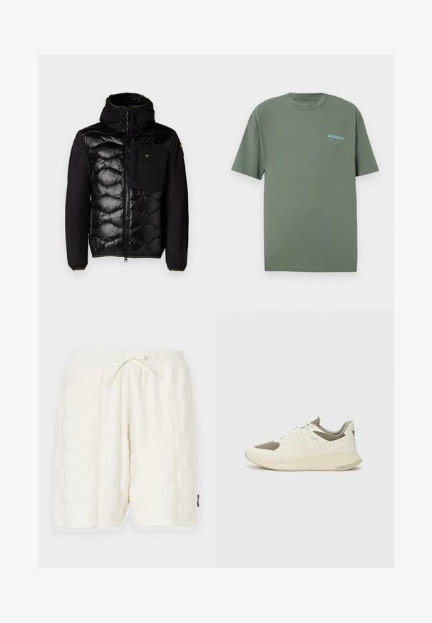 Schwarze isolierte Jacke mit einem gesteppten Vorderteil, Kapuze und Reißverschlusstaschen. Sie verfügt über einen glatten Stoffkörper und elastische Bündchen mit grünen Akzenten.; Grünes Baumwoll-T-Shirt mit Rundhalsausschnitt, kurzen Ärmeln und einem kleinen blauen Logo auf der linken Brust. Glatte Textur, lockerer Schnitt.; Weiße, strukturierte Shorts mit einem geprägten Muster. Elastischer Bund mit Kordelzug. Seitliche Taschen und kontrastierender Saum.; Weiße und hellbeige Sport Sneakers, ausgestattet mit einem Obermaterial aus Netzgewebe, perforierten Details und einer strukturierten Zwischensohle mit Branding an der Ferse.