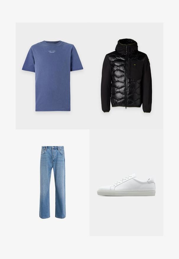 Chaqueta aislante negra con parte delantera acolchada, capucha y bolsillos con cremallera. Presenta un cuerpo de tejido suave y puños elásticos con detalles en verde.; Camiseta de manga corta azul marino hecha de algodón. Presenta un escote tipo crew y un pequeño texto blanco en el pecho: "SAMSØE SAMSØE COPENHAGUE."; Jeans de mezclilla azul claro con un diseño de pierna recta, cinco bolsillos, cierre de botón, ligeramente desgastados y detalles de costura en contraste.; Zapatilla blanca con parte superior de cuero liso y perfil bajo. Presenta una puntera redondeada, seis ojales y una suela de goma texturizada.