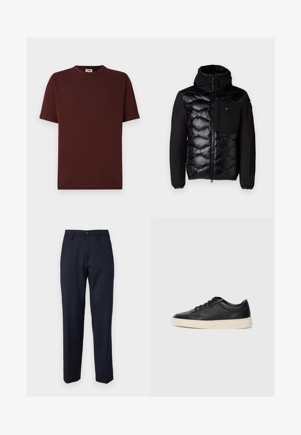 Sort isoleret jakke med quiltet front, hætte og lynlåslommer. Har en glat stoffkrop og elastiske ærmer med grønne detaljer.; Bordeaux kortærmet t-shirt lavet af blødt stof med rund hals og optrukne ærmer. Simpelt design, uden mønstre eller ekstra detaljer.; Marineblå bukser lavet af glat stof, med en knap foran, rettede ben og sidelommer. Ingen mønstre eller udsmykninger synlige.; Sort lavt top lædersneaker med sorte snørebånd og off-white sål vist i sideprofil på hvid baggrund.