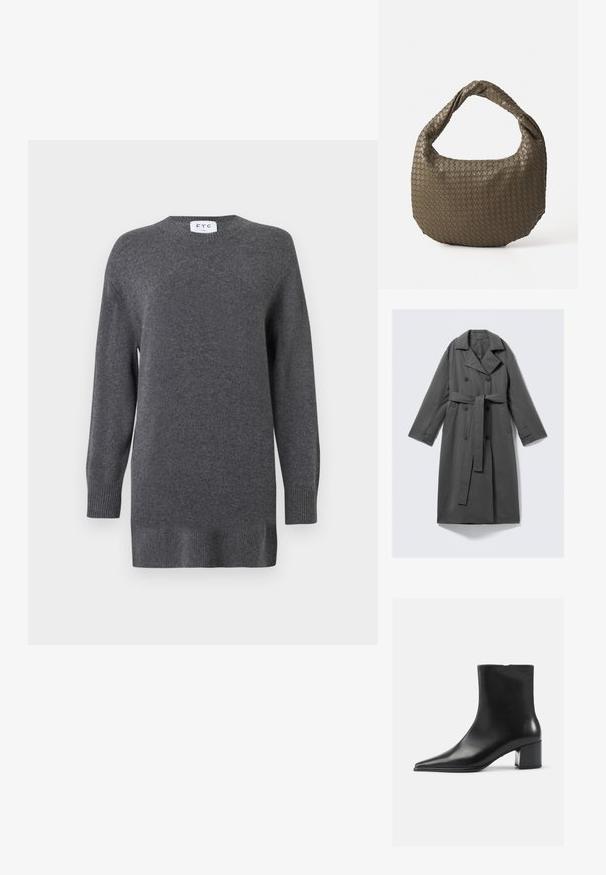 Šedý trenčkot s dvouřadým zapínáním, páskem v pase, širokým klopovým límcem a bočními kapsami. Hladká tkanina s matným povrchem.; Šedý pletený svetr vyrobený z měkké tkaniny, s kulatým výstřihem, dlouhými rukávy a žebrovanými manžetami a lemem. Jednoduchý a klasický design.; Černá kožená kotníková bota s špičatou špičkou, hladkým povrchem a středním blokovým podpatkem. Minimalistický design, zapínání na zip na zadní straně.; Tkaná olivově zelená kabelka zaobleného tvaru s propleteným držadlem. Texturovaný povrch má diagonální vzor. Zapínání na zip.
