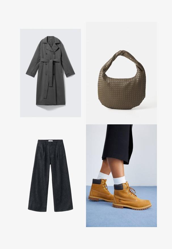 Gray trench coat with a double-breasted front, belted waist, wide notch collar, and side pockets. Smooth fabric with a matte finish.; Soft light gray knit sweater with long sleeves and ribbed cuffs, hem, and crew neckline.; Dark denim wide-leg trousers with pleats, a high waist, and a classic cut. Features a clean finish at the hem and minimal stitching details.; Tan suede ankle boots with brown leather accents, gold eyelets, and a textured sole. White socks visible above the boots.; Woven olive green handbag with a rounded shape and a twisted handle. Textured surface features a diagonal pattern. Zipper closure.