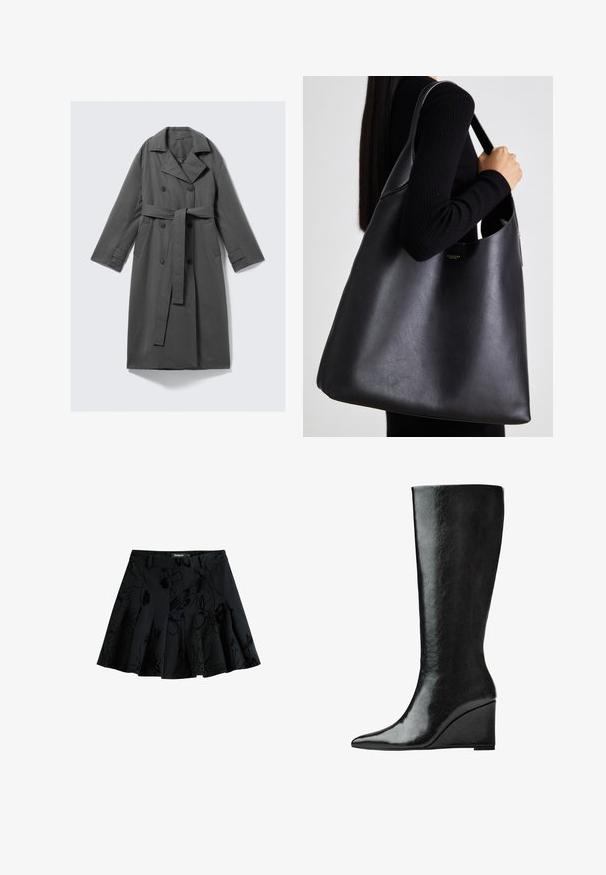 Cappotto grigio impermeabile con un frontale doppiopetto, vita con cintura, ampio colletto a punta e tasche laterali. Tessuto liscio con una finitura opaca.; Top nero a maniche corte con scollatura rotonda, caratterizzato da dettagli plissettati e un corpetto aderente che si allarga all'orlo. Realizzato in tessuto morbido.; Gonna nera plissettata con un motivo floreale, realizzata in un tessuto testurizzato. Presenta una vita e una chiusura con zip nascosta.; Stivali in pelle nera alti fino al ginocchio, con punta affilata e tacco a zeppa. La superficie è liscia con una finitura lucida.; Borsa a spalla nera in pelle con texture liscia, forma oversize e una sola tracolla. Presenta un accento con logo dorato.