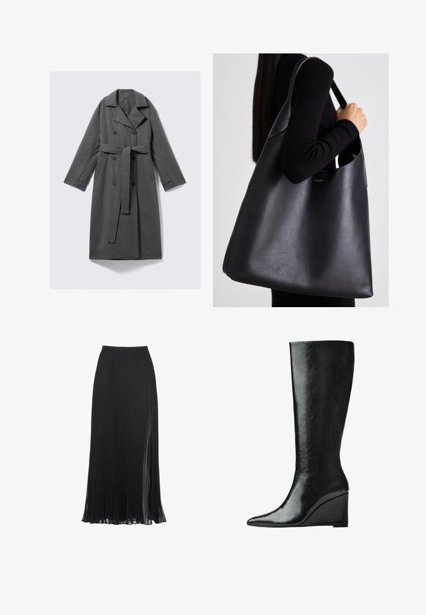 Grijze trenchcoat met een dubbelgeknoopte voorkant, ceintuur in de taille, brede notch-kraag en zijzakken. Glad stof met een matte afwerking.; Zwarte kortärm top met een ronde halslijn, voorzien van geplooide details en een strakke lijfje dat uitloopt bij de zoom. Gemaakt van zacht materiaal.; Zwarte geplooide maxi-jurk met een aansluitende tailleband, transparante textuur en een zijsplit voor extra beweging en vloeiendheid.; Kniehoge zwarte leren laarzen met een slanke, puntige neus en een wiggle heel. Het oppervlak is glad met een glanzende afwerking.; Zwarte leren tote bag met een gladde textuur, oversized vorm en een enkele schouderband. Voorzien van een gouden logo-accent.