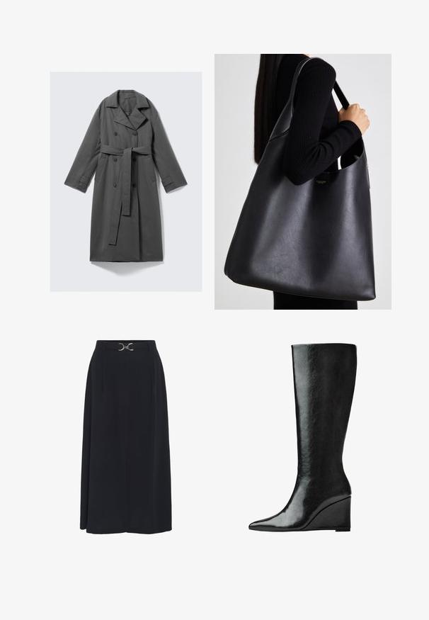 Grau Trenchcoat mit doppelreihiger Front, taillierter Weste, breitem Reverskragen und seitlichen Taschen. Glattes Material mit matter Oberfläche.; Schwarzes kurzärmliges Oberteil mit rundem Ausschnitt, das über Faltendetails und ein eng anliegendes Oberteil verfügt, das sich am Saum ausweitet. Hergestellt aus weichem Stoff.; Schwarzer, knielanger Rock aus glattem Stoff, mit einem hohen Bund, der eine silberfarbene Schnalle und Falten für zusätzliche Dimensionen aufweist.; Knöchelhohe schwarze Lederstiefel mit schlanker, spitzer Zehenform und Wedge-Absatz. Die Oberfläche ist glatt mit einem glänzenden Finish.; Schwarze Leder-Taschen mit glatter Textur, übergroßer Form und einem einzigen Schulterriemen. Besitzt einen goldenen Logo-Akzent.