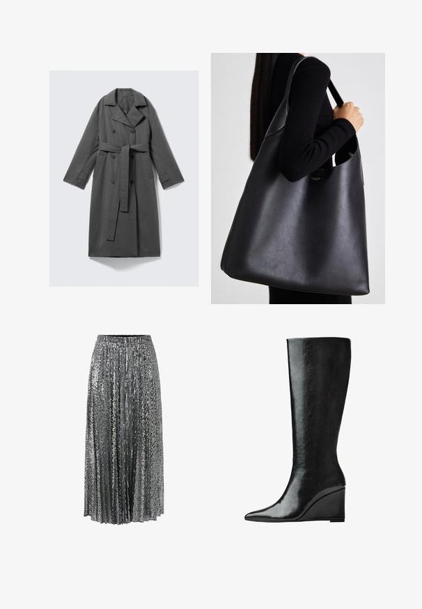 Cappotto grigio impermeabile con un frontale doppiopetto, vita con cintura, ampio colletto a punta e tasche laterali. Tessuto liscio con una finitura opaca.; Top nero a maniche corte con scollatura rotonda, caratterizzato da dettagli plissettati e un corpetto aderente che si allarga all'orlo. Realizzato in tessuto morbido.; Gonna lunga in paillettes argentate, design plissettato, vita elasticizzata, effetto riflettente e superficie scintillante in tutta la sua lunghezza.; Stivali in pelle nera alti fino al ginocchio, con punta affilata e tacco a zeppa. La superficie è liscia con una finitura lucida.; Borsa a spalla nera in pelle con texture liscia, forma oversize e una sola tracolla. Presenta un accento con logo dorato.