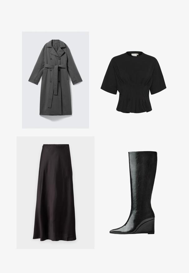 Harmaa trench-takki, jossa on kaksirivinen etuosa, vyöllinen vyötärö, leveä viistokaulus ja sivutaskut. Sileä kangas, jossa on matta pinta.; Mustapaitainen lyhythihainen yläosa, jossa on pyöreä kaula-aukko, laskostettu yksityiskohta ja istuva vartalo, joka levenee helmaa kohti. Valmistettu pehmeästä kankaasta.; Maksihame mustasta satiinista, jossa on joustava vyötärö, sileä pinta ja väljät laskokset, jotka ulottuvat lattiaan ilman lisäkoristeita.; Polvisteeseen asti yltävät mustat nahkasaappaat, joissa on sulavalinjainen, terävä kärki ja viistolevy. Pintamateriaali on sileä ja kiiltävä.