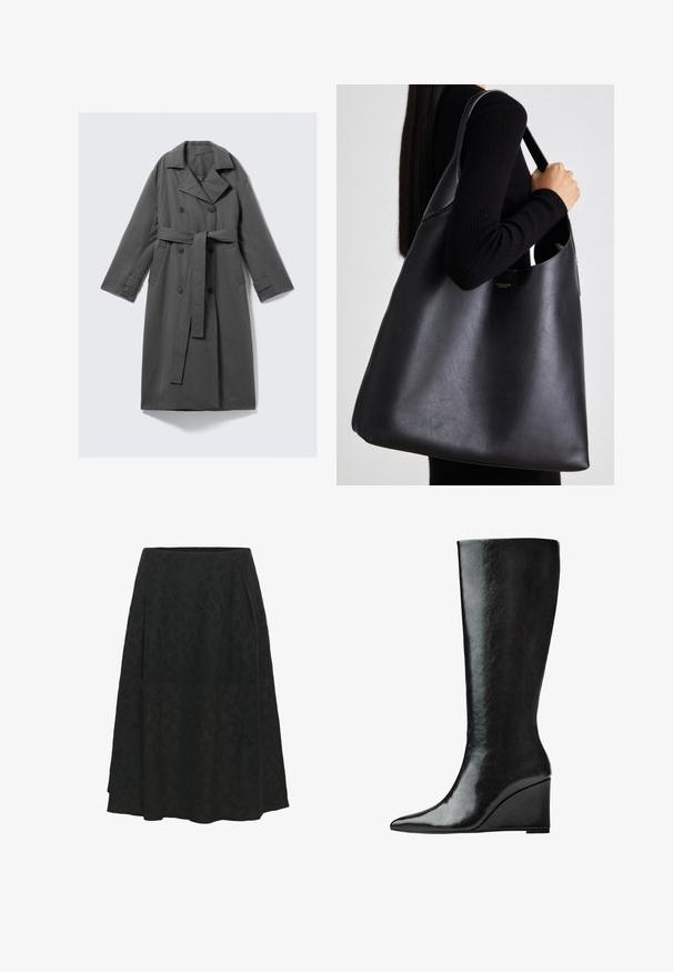 Grå trenchcoat med dobbeltknaplukning, bælte i taljen, bred klapkrave og sidelommer. Glat stof med mat finish.; Sort kortærmet top med rund halsudskæring, der har plisserede detaljer og en tætsiddende overdel, der udvider sig i kanten. Lavet af blødt stof.; Sort nederdel lavet af tekstureret stof med et subtilt geometrisk mønster, med en udvidet design og plisseringer for ekstra volumen.; Knæhøje sorte læderstøvler med en slank, spids tå og en kilehælk. Overfladen er glat med en blank finish.; Sort læder tote taske med en glat overflade, overdimensioneret form og en enkelt skulderrem. Har et guld logo som accent.