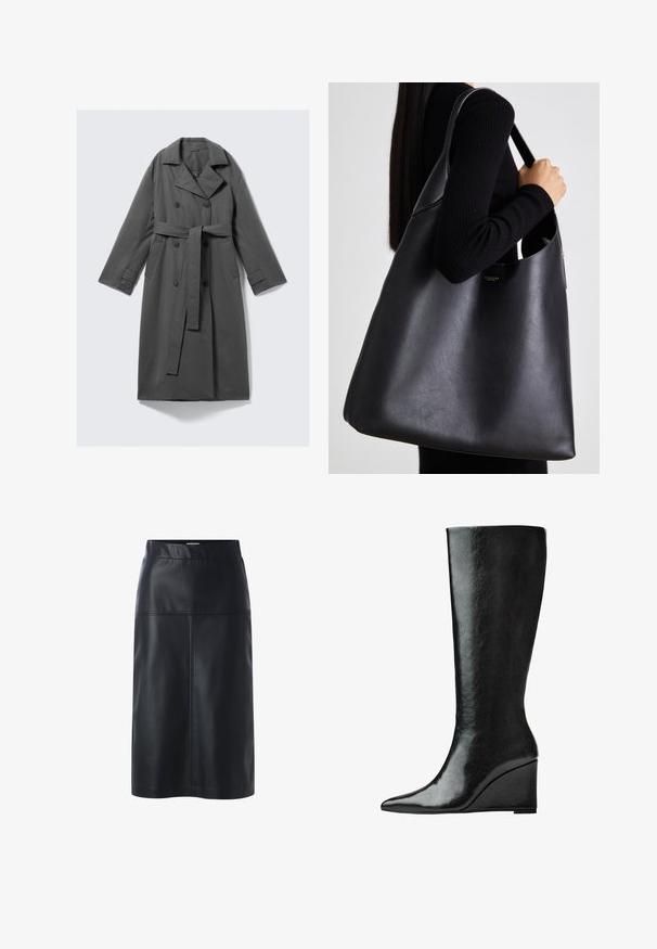 Szürke esőkabát dupla melltartóval, övvel a deréknál, széles nyakkivágással és oldalsó zsebekkel. Simább anyag matt felülettel.; Fekete, rövid ujjú felső, kerek nyakkivágással, plisszírozott részletezéssel és a derekánál szűkített fazonnal, ami az aljánél bővül. Puha anyagból készült.; Fekete bőr szoknya egyenes sziluettel, sima felülettel, derékpánttal és részletes varrással az elülső panelekon.; Térd feletti fekete bőr csizmák, sima, hegyes orral és wedge sarokkal. A felület sima, fényes befejezéssel.; Fekete bőr válltáska sima textúrával, méretes formával és egyetlen vállpánttal. Arany logó hangsúly jellemzi.