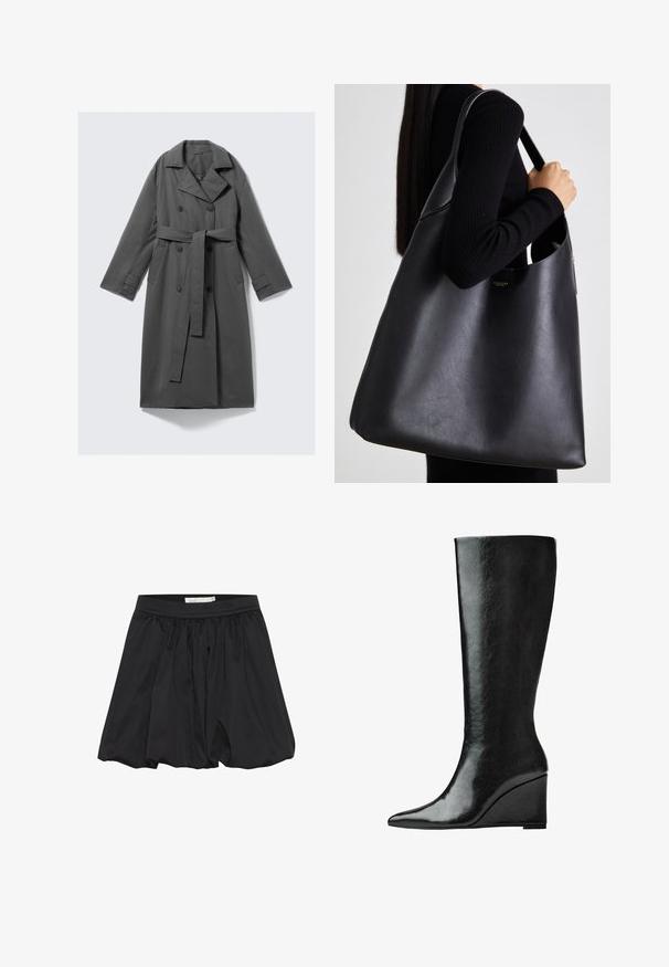 Grau Trenchcoat mit doppelreihiger Front, taillierter Weste, breitem Reverskragen und seitlichen Taschen. Glattes Material mit matter Oberfläche.; Schwarzes kurzärmliges Oberteil mit rundem Ausschnitt, das über Faltendetails und ein eng anliegendes Oberteil verfügt, das sich am Saum ausweitet. Hergestellt aus weichem Stoff.; Schwarze Rock mit gerafftem Stoff und elastischem Bund, der eine glatte Textur und eine lockere, ausladende Form aufweist.; Knöchelhohe schwarze Lederstiefel mit schlanker, spitzer Zehenform und Wedge-Absatz. Die Oberfläche ist glatt mit einem glänzenden Finish.; Schwarze Leder-Taschen mit glatter Textur, übergroßer Form und einem einzigen Schulterriemen. Besitzt einen goldenen Logo-Akzent.