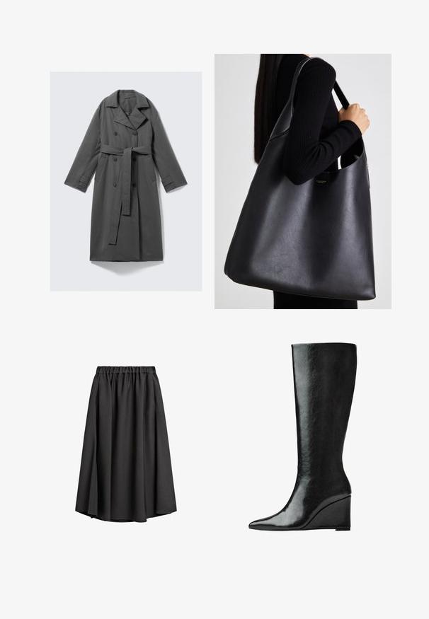 Grau Trenchcoat mit doppelreihiger Front, taillierter Weste, breitem Reverskragen und seitlichen Taschen. Glattes Material mit matter Oberfläche.; Schwarzes kurzärmliges Oberteil mit rundem Ausschnitt, das über Faltendetails und ein eng anliegendes Oberteil verfügt, das sich am Saum ausweitet. Hergestellt aus weichem Stoff.; Schwarze Midirock aus leichtem, fließendem Stoff mit elastischem Bund und leicht ausgestellter A-Linie. Keine sichtbaren Muster oder Akzente.; Knöchelhohe schwarze Lederstiefel mit schlanker, spitzer Zehenform und Wedge-Absatz. Die Oberfläche ist glatt mit einem glänzenden Finish.; Schwarze Leder-Taschen mit glatter Textur, übergroßer Form und einem einzigen Schulterriemen. Besitzt einen goldenen Logo-Akzent.