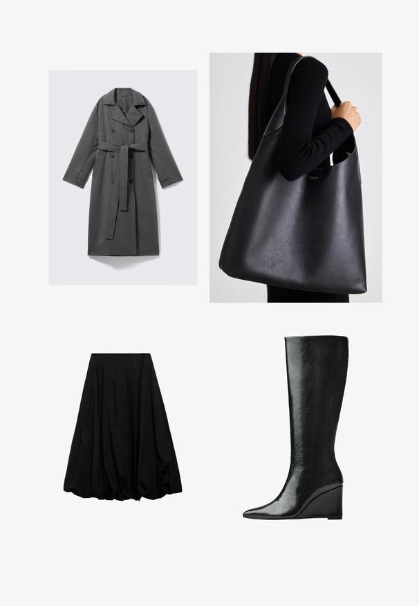 Grå trenchcoat med dobbeltknaplukning, bælte i taljen, bred klapkrave og sidelommer. Glat stof med mat finish.; Sort kortærmet top med rund halsudskæring, der har plisserede detaljer og en tætsiddende overdel, der udvider sig i kanten. Lavet af blødt stof.; Sort midi-skirt lavet af letvægtsstof, med en voluminøs form og opsamlede detaljer i kantene samt plisseret design i taljen.; Knæhøje sorte læderstøvler med en slank, spids tå og en kilehælk. Overfladen er glat med en blank finish.; Sort læder tote taske med en glat overflade, overdimensioneret form og en enkelt skulderrem. Har et guld logo som accent.