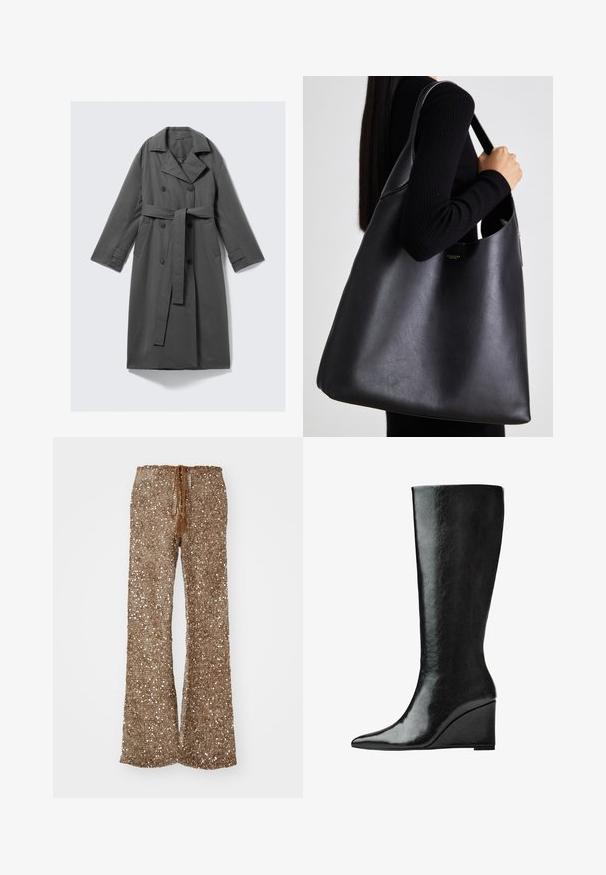 Grå trenchcoat med dobbeltknaplukning, bælte i taljen, bred klapkrave og sidelommer. Glat stof med mat finish.; Sort kortærmet top med rund halsudskæring, der har plisserede detaljer og en tætsiddende overdel, der udvider sig i kanten. Lavet af blødt stof.; Brune flagrende bukser lavet af struktureret stof med sølvfarvede palietter, med en drawstring talje med frynser til justering.; Knæhøje sorte læderstøvler med en slank, spids tå og en kilehælk. Overfladen er glat med en blank finish.; Sort læder tote taske med en glat overflade, overdimensioneret form og en enkelt skulderrem. Har et guld logo som accent.