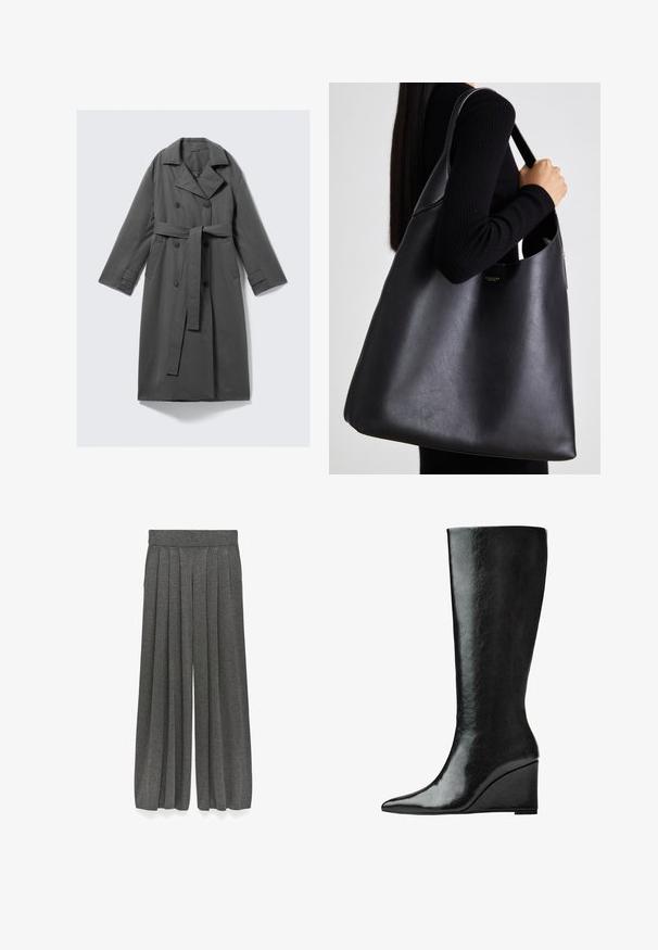 Grå trenchcoat med dubbelknäppt fram, bälte i midjan, breda slag och sidofickor. Slät tyg med matt yta.; Svart kortärmad topp med rund halsringning, med plisseringar och en figursydd överdel som vidgar sig vid kanten. Tillverkad av mjukt tyg.; Grå plisserade culotter gjorda av ett texturerat material, med en bred bendesign och ett Elastiskt midjeband för en avslappnad passform.; Knähöga svarta läderstövlar med en slank, spetsig tå och kilklack. Ytan är slät med en glansig finish.; Svart läder tote-väska med en slät yta, överdimensionerad form och en enkel axelrem. Har ett; guldlogotypaccent.