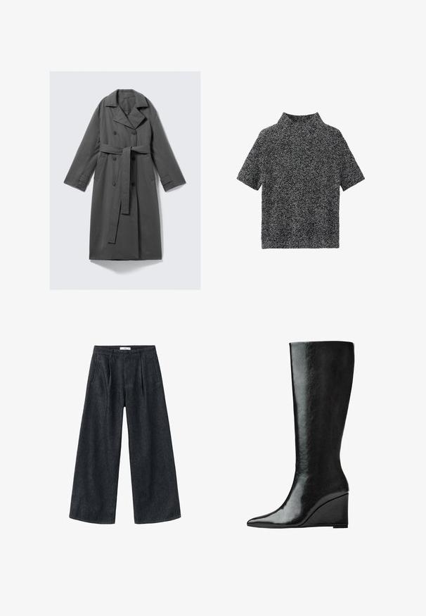 Grijze trenchcoat met een dubbelgeknoopte voorkant, ceintuur in de taille, brede notch-kraag en zijzakken. Glad stof met een matte afwerking.; Korte mouw, hoog gesloten pullover trui in een geweven zwart-wit patroon, met een relaxed fit en zachte stof.; Donkerdenim wijduitlopende broeken met plooien, een hoge taille en een klassieke snit. Bevat een schone afwerking aan de zoom en minimale stikseldetails.; Kniehoge zwarte leren laarzen met een slanke, puntige neus en een wiggle heel. Het oppervlak is glad met een glanzende afwerking.