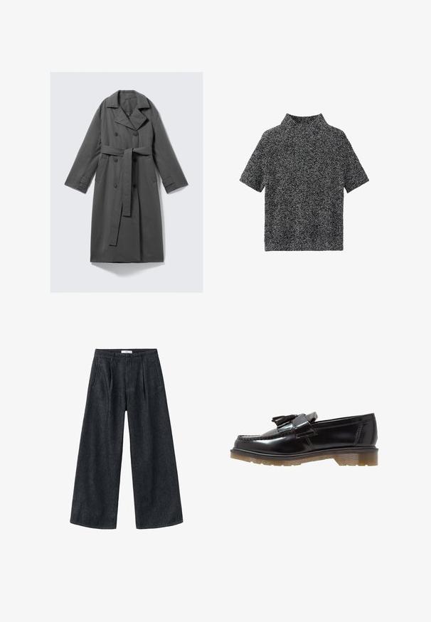 Cappotto grigio impermeabile con un frontale doppiopetto, vita con cintura, ampio colletto a punta e tasche laterali. Tessuto liscio con una finitura opaca.; Maglione a maniche corte e collo alto in un motivo a maglia strutturata bianco e nero, con una vestibilità rilassata e un tessuto morbido.; Pantaloni a gamba larga in denim scuro con pieghe, vita alta e taglio classico. Presentano una finitura pulita all'orlo e dettagli di cucitura minimi.; Mocassini in vernice nera con un design intrecciato, dettaglio a nappina e una suola in gomma spessa e testurizzata. La vista laterale mette in evidenza la silhouette elegante.