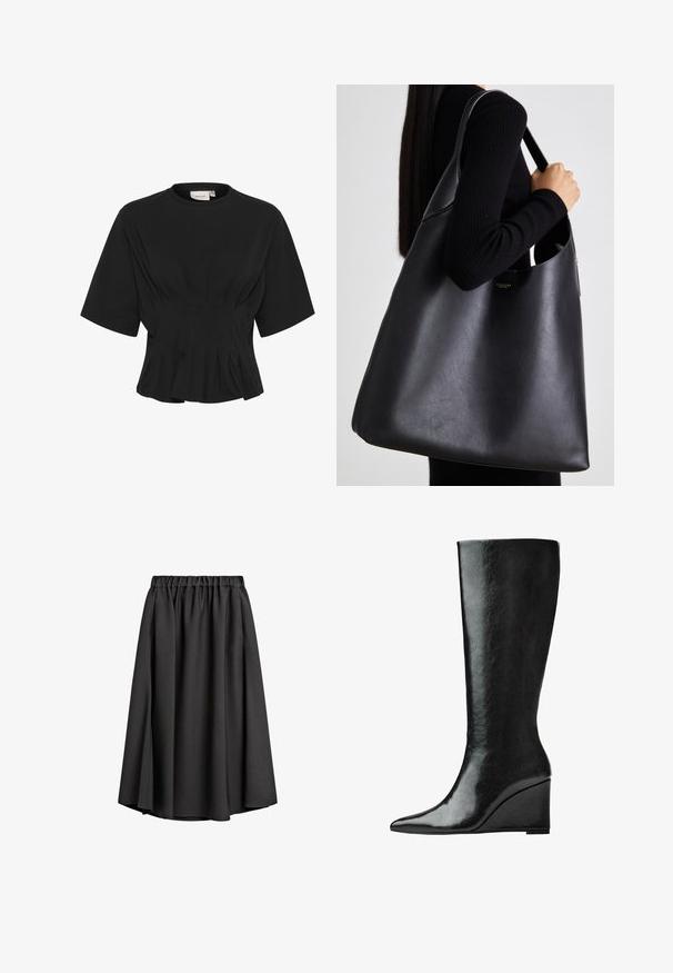 Šedý trenčkot s dvouřadým zapínáním, páskem v pase, širokým klopovým límcem a bočními kapsami. Hladká tkanina s matným povrchem.; Černý top s krátkým rukávem a kulatým výstřihem, zdobený sklady a přiléhavým tělem, které se na spodním okraji rozšiřuje. Vyrobeno z měkké látky.; Černá midi sukně vyrobená z lehkého, splývavého materiálu s elastickým pasem a mírně A-čkovým střihem. Bez viditelných vzorů nebo doplňků.; Černé kožené boty do půlky lýtek s úzkou, špičatou špičkou a klínovým podpatkem. Povrch je hladký s lesklým finišem.; Černá kožená taška přes rameno s hladkou texturou, nadměrným tvarem a jedním ramenním poprukem. Obsahuje zlatý logo akcent.