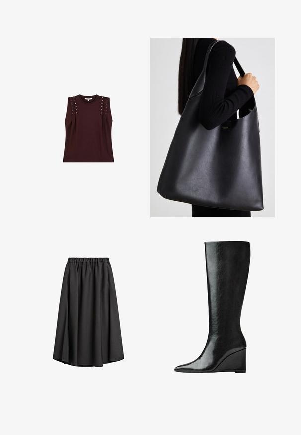 Gray trench coat with a double-breasted front, belted waist, wide notch collar, and side pockets. Smooth fabric with a matte finish.; Dark burgundy sleeveless top with shoulder studs, made from soft fabric. Features a classic round neckline and a relaxed fit.; Black midi skirt made of lightweight, flowing fabric with an elastic waistband and a slight A-line silhouette. No visible patterns or accents.; Knee-high black leather boots with a sleek, pointed toe and a wedge heel. The surface is smooth with a glossy finish.; Black leather tote bag with a smooth texture, oversized shape, and a single shoulder strap. Features a gold logo accent.