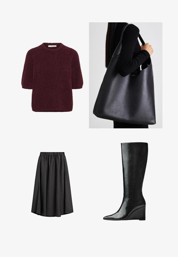 Grå trenchcoat med dobbeltknaplukning, bælte i taljen, bred klapkrave og sidelommer. Glat stof med mat finish.; Kortærmet, mørkerød, fuzzy sweater med rund halsudskæring, lavet af Gestuz, vist mod en hvid baggrund.; Sort midi-nederdel lavet af let, flydende stof med elastisk talje og let A-formet silhuet. Ingen synlige mønstre eller accenter.; Knæhøje sorte læderstøvler med en slank, spids tå og en kilehælk. Overfladen er glat med en blank finish.; Sort læder tote taske med en glat overflade, overdimensioneret form og en enkelt skulderrem. Har et guld logo som accent.