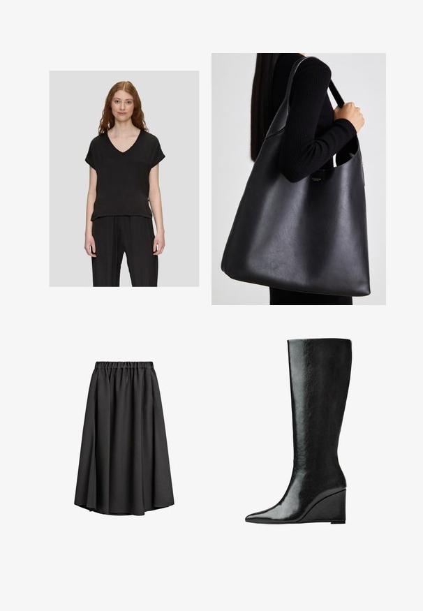 Cappotto grigio impermeabile con un frontale doppiopetto, vita con cintura, ampio colletto a punta e tasche laterali. Tessuto liscio con una finitura opaca.; Top nero a maniche corte con scollatura a V, vestibilità comoda e texture morbida, abbinato a pantaloni neri a pieghe.; Gonna nera midi realizzata in tessuto leggero e fluido, con vita elasticizzata e una leggera silhouette a A. Nessun motivo o accento visibile.; Stivali in pelle nera alti fino al ginocchio, con punta affilata e tacco a zeppa. La superficie è liscia con una finitura lucida.; Borsa a spalla nera in pelle con texture liscia, forma oversize e una sola tracolla. Presenta un accento con logo dorato.