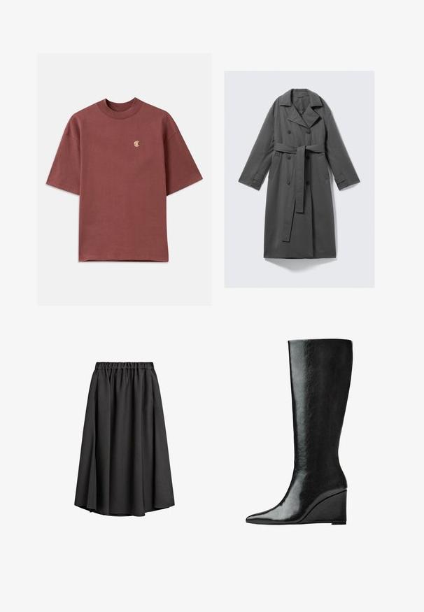 Szary płaszcz trench z podwójnym zapięciem, z paskiem w talii, szerokim kołnierzem i bocznymi kieszeniami. Gładki materiał o matowym wykończeniu.; Marynarka z krótkim rękawem z bawełny, z okrągłym dekoltem i małym złotym haftowanym logo na lewej piersi.; Czarna midi spódnica wykonana z lekkiego, płynącego materiału, z elastycznym pasem i delikatną sylwetką w kształcie litery A. Bez widocznych wzorów ani akcentów.; Czarne skórzane kozaki sięgające do kolan, z eleganckim, spiczastym noskiem i obcasem w kształcie klina. Powierzchnia jest gładka o błyszczącym wykończeniu.