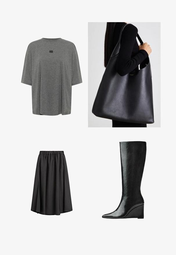 Cappotto grigio impermeabile con un frontale doppiopetto, vita con cintura, ampio colletto a punta e tasche laterali. Tessuto liscio con una finitura opaca.; T-shirt grigio oversize realizzato in un tessuto morbido. Presenta un collo rotondo, maniche corte e un logo sottile al centro.; Gonna nera midi realizzata in tessuto leggero e fluido, con vita elasticizzata e una leggera silhouette a A. Nessun motivo o accento visibile.; Stivali in pelle nera alti fino al ginocchio, con punta affilata e tacco a zeppa. La superficie è liscia con una finitura lucida.; Borsa a spalla nera in pelle con texture liscia, forma oversize e una sola tracolla. Presenta un accento con logo dorato.