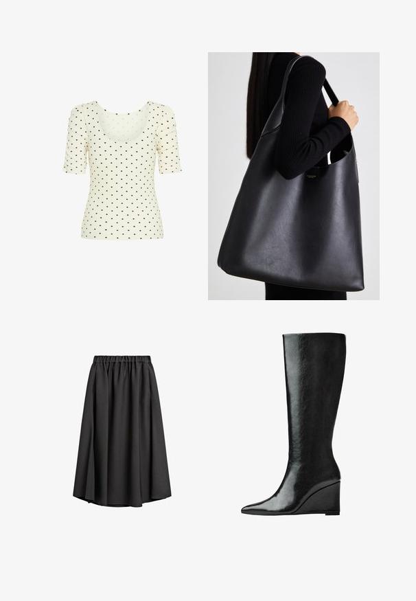 Grå trenchcoat med dobbeltknaplukning, bælte i taljen, bred klapkrave og sidelommer. Glat stof med mat finish.; Cremefarvet bluse med korte puffærmer, der har en rund halsudskæring og en ribbet tekstur, prydet med små brune prikker.; Sort midi-nederdel lavet af let, flydende stof med elastisk talje og let A-formet silhuet. Ingen synlige mønstre eller accenter.; Knæhøje sorte læderstøvler med en slank, spids tå og en kilehælk. Overfladen er glat med en blank finish.; Sort læder tote taske med en glat overflade, overdimensioneret form og en enkelt skulderrem. Har et guld logo som accent.
