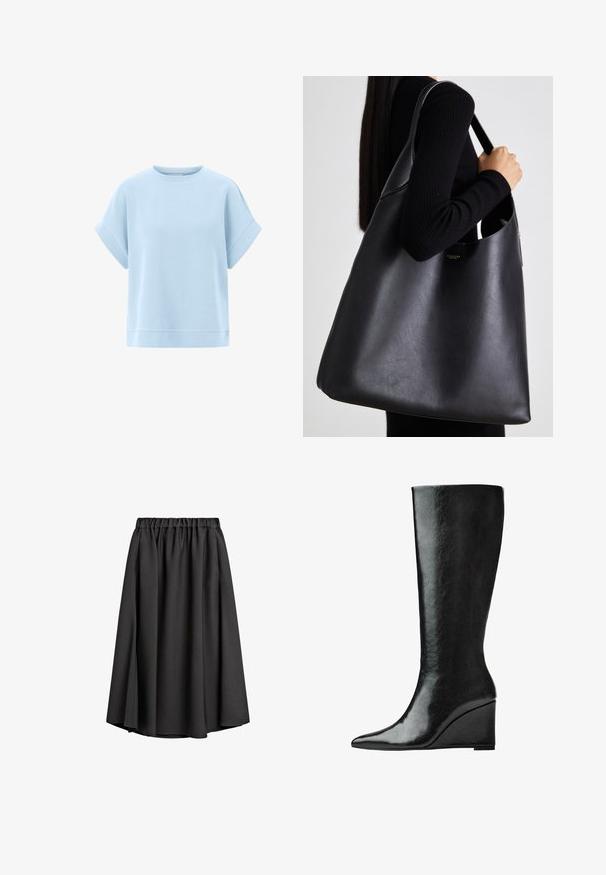 Gray trench coat with a double-breasted front, belted waist, wide notch collar, and side pockets. Smooth fabric with a matte finish.; Light blue short-sleeve sweatshirt made of soft fabric with a relaxed fit, round neckline, and stitched hem accents.; Black midi skirt made of lightweight, flowing fabric with an elastic waistband and a slight A-line silhouette. No visible patterns or accents.; Knee-high black leather boots with a sleek, pointed toe and a wedge heel. The surface is smooth with a glossy finish.; Black leather tote bag with a smooth texture, oversized shape, and a single shoulder strap. Features a gold logo accent.