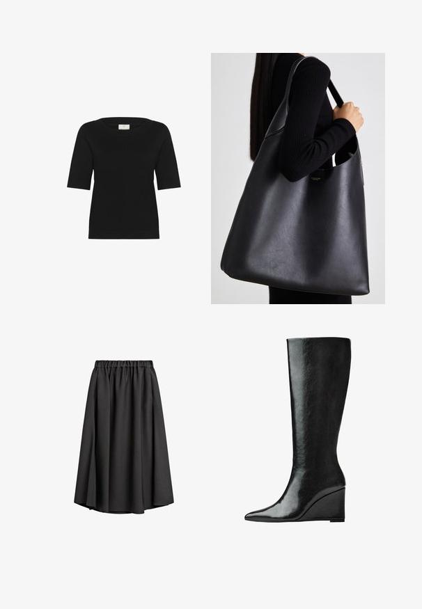 Gray trench coat with a double-breasted front, belted waist, wide notch collar, and side pockets. Smooth fabric with a matte finish.; Black short-sleeve knit top features a wide boat neck, ribbed texture, and a straight hem. Made from soft, breathable fabric.; Black midi skirt made of lightweight, flowing fabric with an elastic waistband and a slight A-line silhouette. No visible patterns or accents.; Knee-high black leather boots with a sleek, pointed toe and a wedge heel. The surface is smooth with a glossy finish.; Black leather tote bag with a smooth texture, oversized shape, and a single shoulder strap. Features a gold logo accent.