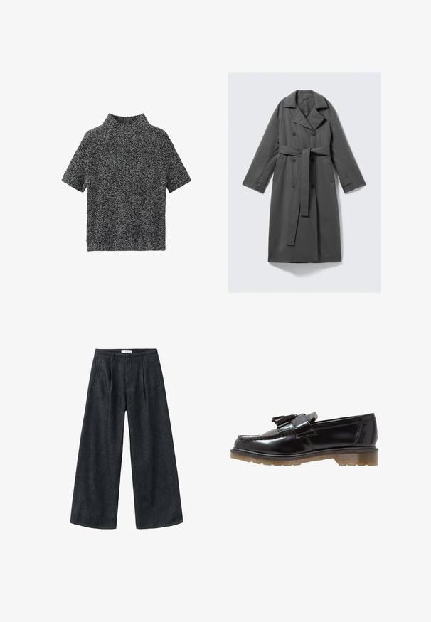 Šedý trenčkot s dvojitým predným zapínaním, opasok v oblasti pása, široký klopový golier a bočné vrecká. Hladká tkanina s matným povrchom.; Pulóver s krátkym rukávom a vysokým golierom v textúrovanej čierno-bielej pletenine, s voľným strihom a mäkkou tkaninou.; Tmavé denimové široké nohavice s prešívacím detailom, vysokým pásom a klasickým strihom. Majú čistý zakončený lem a minimálne švy.; Čierne lakované kožené poltopánky s vrkočovým dizajnom, ozdobou v tvare strapcov a robustnou, štruktúrovanou gumovou podrážkou. Bočný pohľad ukazuje štíhlu siluetu.