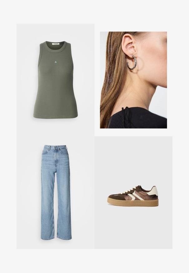 Olive green puffer jacket with a high collar, zip closure, and elastic cuffs. Features a quilted design with a smooth, shiny texture.; Light gray sweatshirt with a round neck, long sleeves, ribbed cuffs, and a slightly cropped hem. Features subtle front stitching.; Ribbed, sleeveless tank top in olive green with a round neckline. Features small blue "&" logo on the front. Soft, stretchy fabric.; Light blue high-waisted jeans with a straight leg, made of denim, featuring a front button closure and subtle fading details.; Brown and cream sneakers with a combination of suede and satin materials, featuring three diagonal stripes and a textured gum sole.; Silver hoop earring with a polished finish, featuring small gold accent details and a round shape, worn on the lobe.