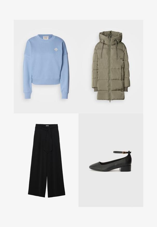 Olivovo zelená prešívaná bunda s vysokým golierom, zipsovým zapínaním a elastickými manžetami. Má prešívaný dizajn s hladkou, lesklou textúrou.; Svietlo modrý skrátený sveter vyrobený z mäkkého materiálu. Má okrúhly výstrih, spadnuté ramená a malý vyšívaný dizajn na hrudi.; Čierne široké nohavice s textúrovanou tkaninou, elastickým pásom a odnímateľným viazaním na páse pre nastaviteľné priliehanie.; Čierne kožené lodičky s špicatou špičkou a nízkym blokovým podpätkom. Obsahuje remienok okolo členka so zlatým prackou. Hladký povrch.