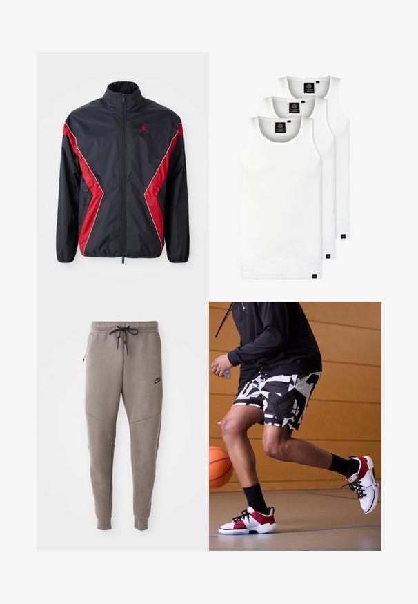 Černá a červená nylonová větrovka s vysokým límcem, předním zipem a bočními kapsami; obsahuje ostré bloky barev a detail loga.; Tři bílé žebrované tílka vyrobené z bavlny. Mají kulatý výstřih a malé černé štítky poblíž lemu. Dostupné v několika velikostech.; Šedé Nike tepláky s elastickým pasem na šňůrku, zúženými nohavicemi, bočními kapsami a charakteristickým švem. Měkká, strukturovaná tkanina.; Bílé a červené basketbalové boty s černými akcenty, doplněné o vzorované černobílé šortky. Na sobě černá mikina, v tělocvičně.